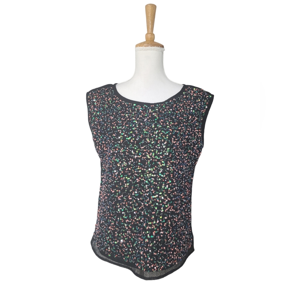 NEW PETAL & ROSE SHIRT WOMEN MEDIUM BLACK CONFETTI BEAD SEQUIN SLEEVELESS